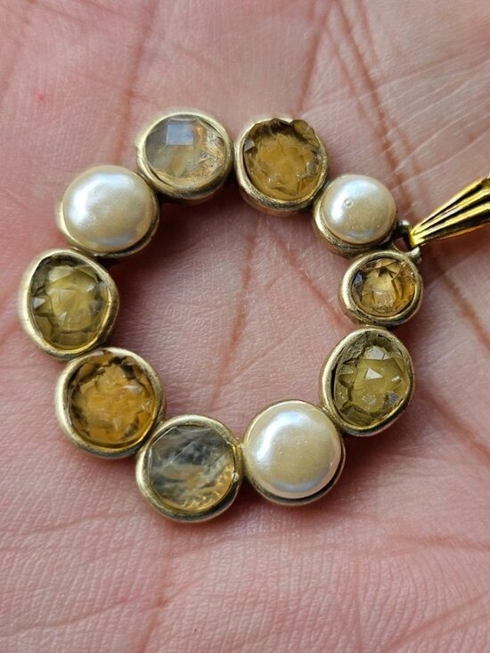Jewelry - Women Necklace Round Pendant Fashion Jewelry Faux Pearl Crystals Accent Gold Ton
